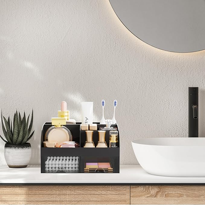 Makeup Organizer with 2 Drawers, Cosmetic Storage for Dresser Vanity and Bathroom Countertop,Make up organization and Skincare Storage with Beauty Brush Holder, Cosmetic Display Case 2Pcs Black