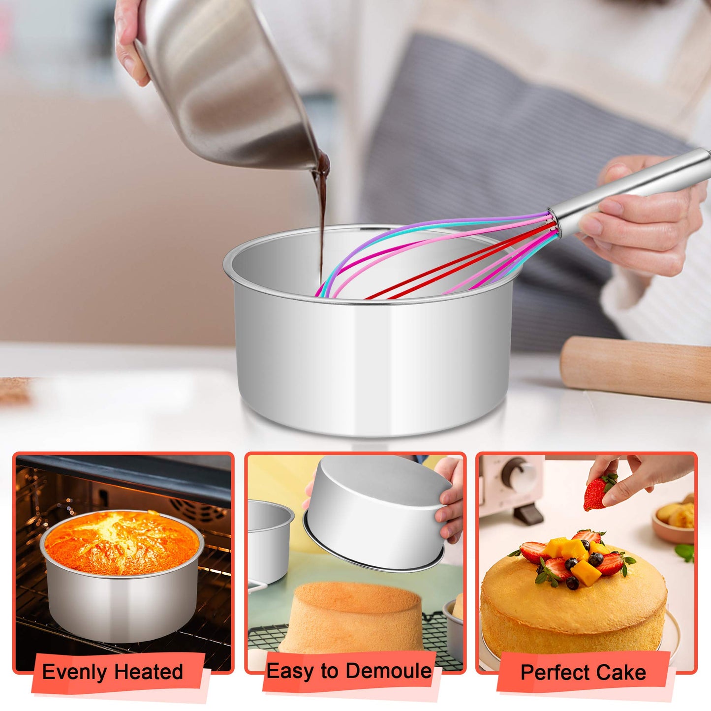 E-far Cake Pans Set of 3, 6 x 3 Inch Stainless Steel Round Cake Baking Pans Tins for Wedding Birthday, Deep Side & Non-toxic, Oven & Dishwasher Safe, Mirror Finish & Straight Side