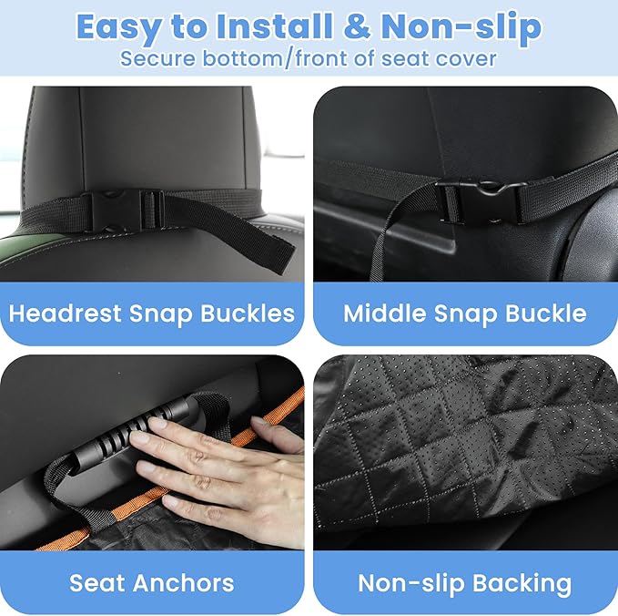 Dog Car Seat Covers, Waterproof Front Seat Cover for Dogs, Scratch-Proof, Nonslip Pet Passenger Seat Cover Protector, Universal Fit for Cars Trucks SUVs, Large Size, Black with Orange