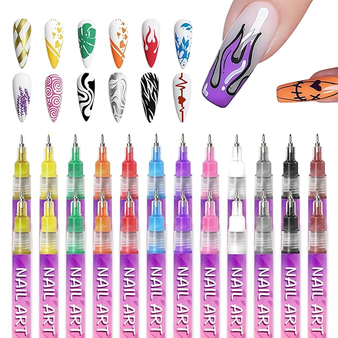 12 Color Nail Art Pens, 2026 Upgrade 0.5 MM Nail Polish Pens Drawing Painting Point Liner Acrylic Painted Pen Kit, DIY Nails Art Design Manicure Tools Christmas Gifts (2 Set)