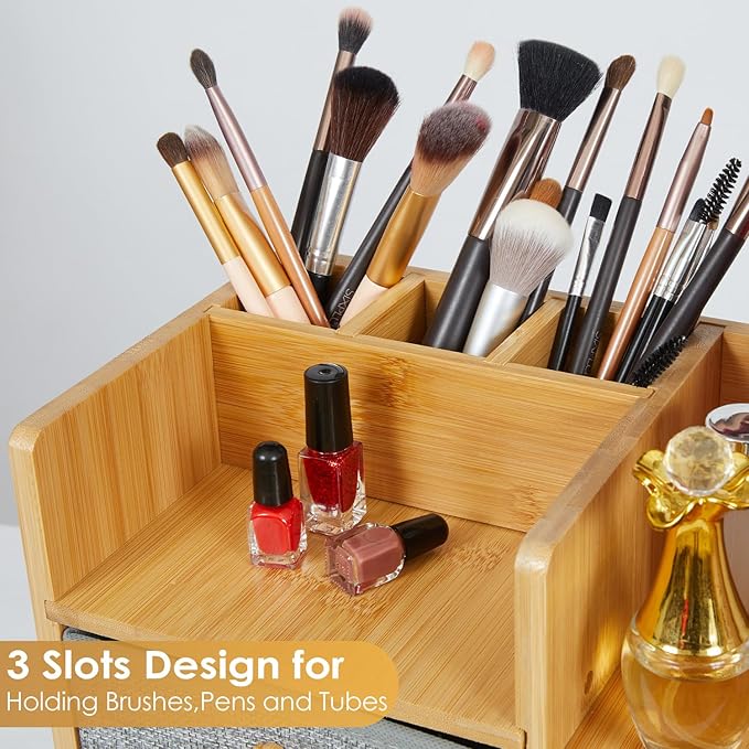 Large Makeup Organizer For Vanity, Large Capacity 3 Tiers Bamboo Bathroom Counter Organizers and Storage, Countertop Makeup Brush Holder, Nail Polish Perfume Stand with 3 Drawers and 10 Compartments