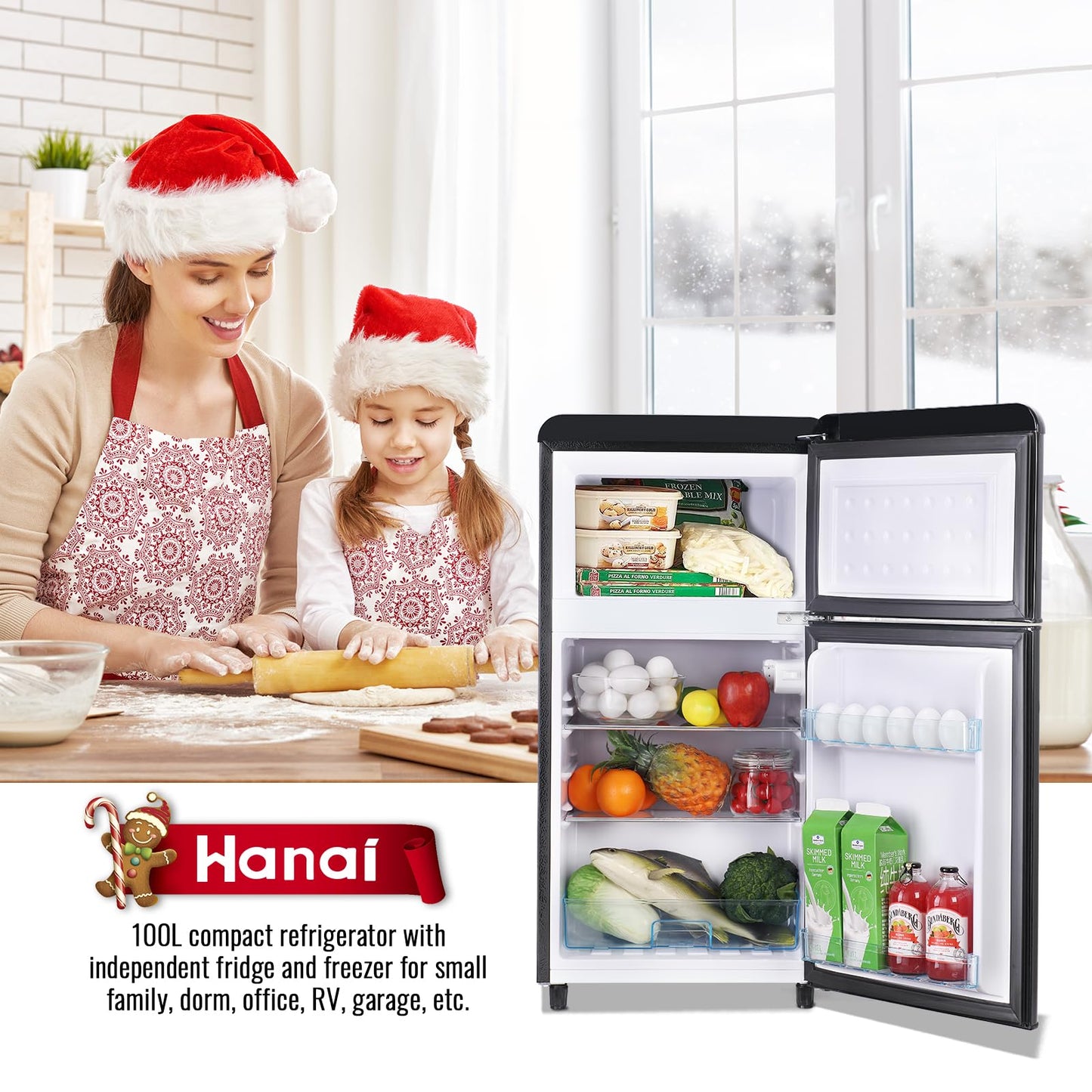 WANAI 3.5 Cu.ft Retro Mini Fridge with Freezer Compact Refrigerators Black Small Fridge Dual Door Classic Refrigerator Removable Glass Shelves Adjustable Thermostat for Home Office Dorm RV