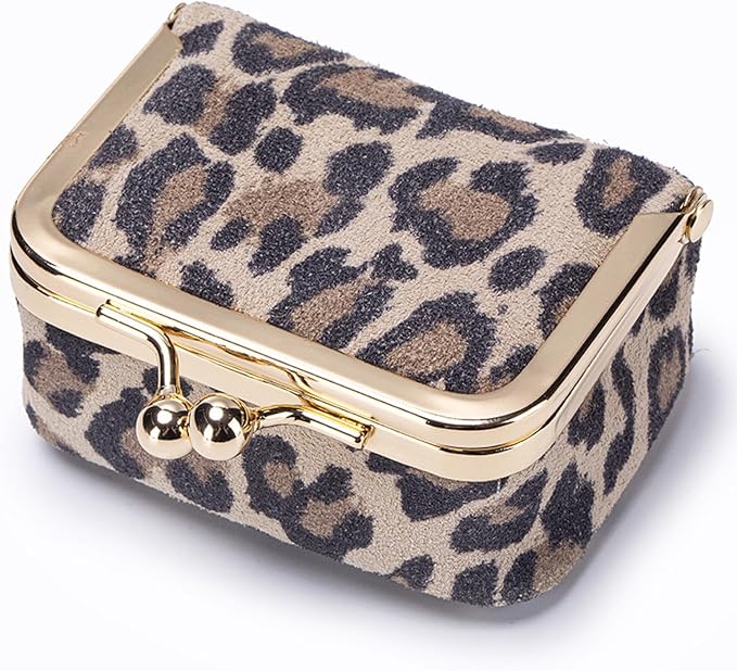 Genuine Leather mini Jewelry box, Portable Travel Jewelry case - Vintage mini Organizer with Kiss Lock for Rings, Earrings, Necklace, Bracelet | Gift for Women (Gray Leopard Print L)