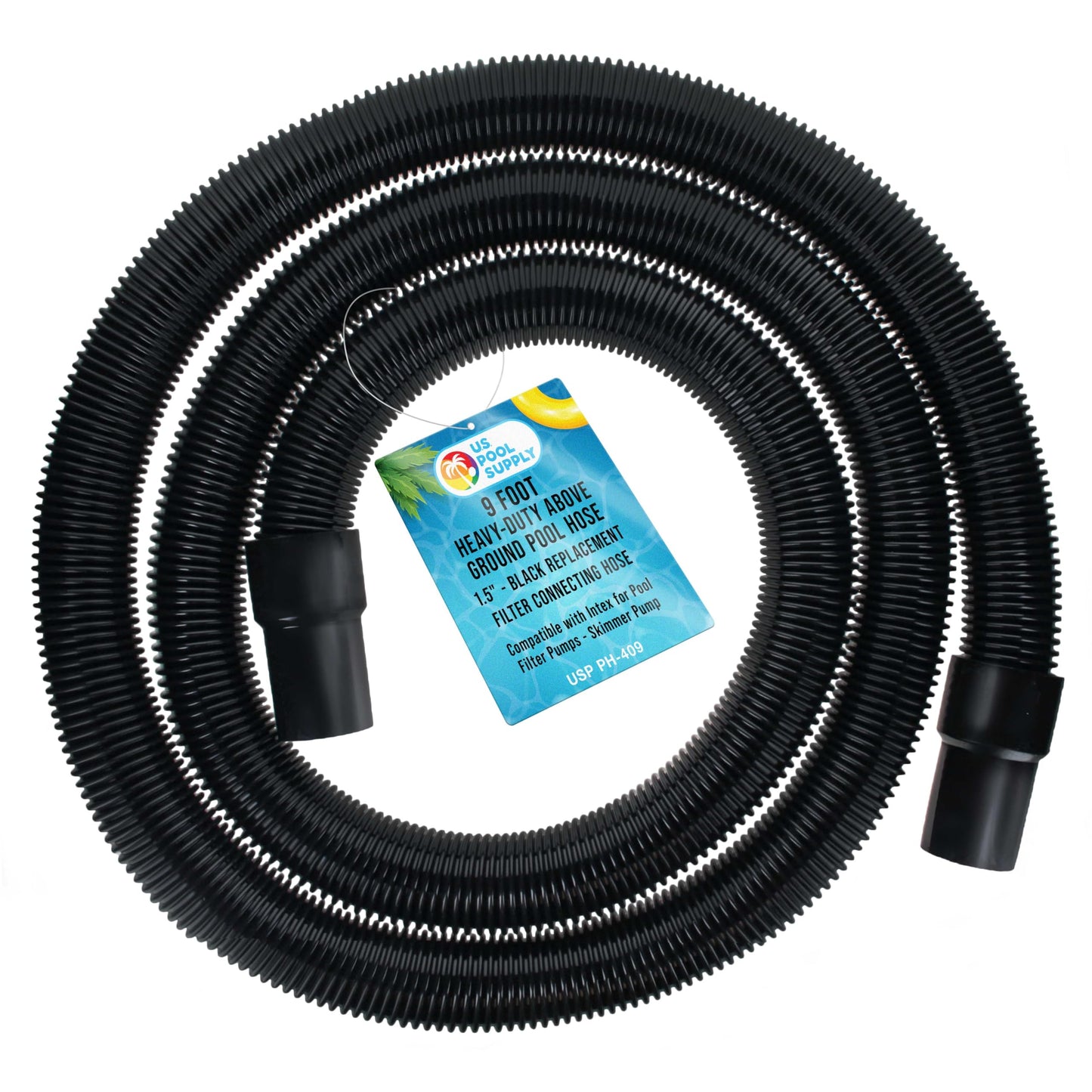 U.S. Pool Supply 9 Foot Heavy-Duty Above Ground Pool Hose, 1.5" - Black Replacement Filter Connecting Hose, Flexible Spiral Wound EVA - Compatible with Intex for Pool Filter Pumps - Skimmer Pump