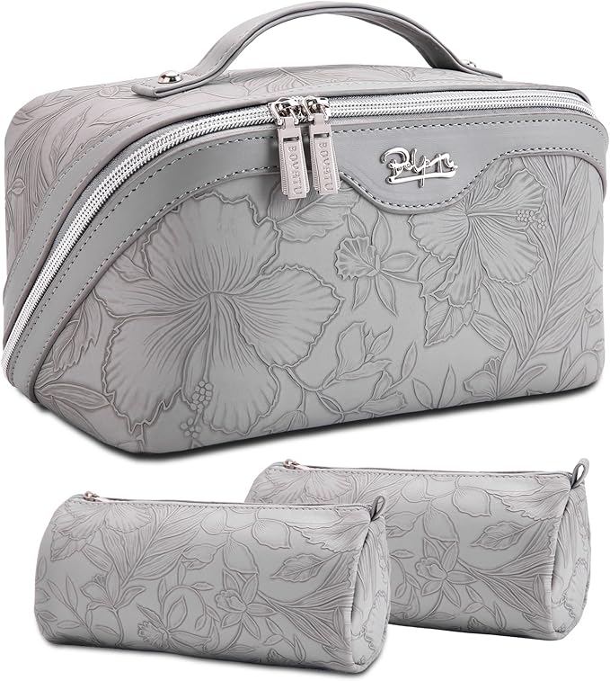 BOYATU Travel Makeup Bags Cosmetic Organizer Bag: 3-Set Large Capacity Make up Bag - PU Leather Toiletry Bags for Women - Wide Open Portable Pouch with Divider & Handle (16-Grey-2)