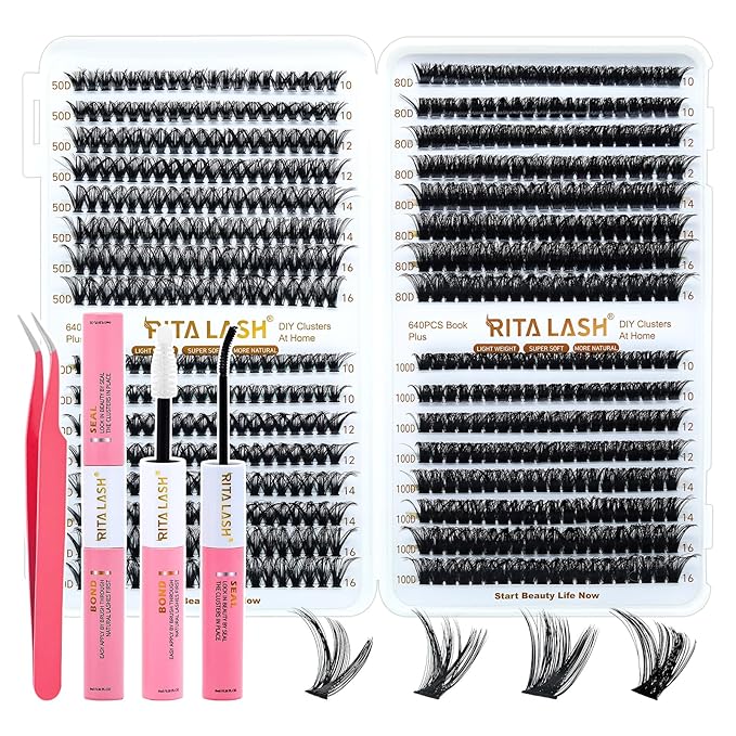 RITALASH Lash Extension Kit 50D+60D+80D+100D DIY Lash Clusters 640pcs Cluster Lashes Individual Lashes Eyelash Extension Kit with Lash Bond and Seal,Lash Tweezers(50D+60D+80D+100D Kit,10-16mm Mixed)