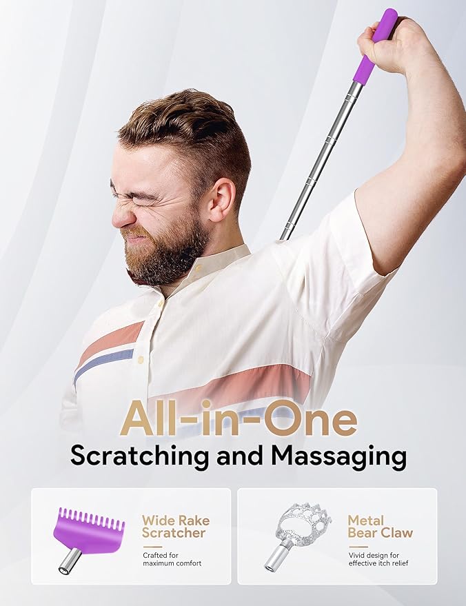 TUKUOS Telescoping Back Scratcher with 5 Detachable Scratching Heads, Valentines Day Gifts for Him Men, Anniversary Birthday Gifts for Men Women Back Scratcher for Men/Dad/Women/Adults - Purple