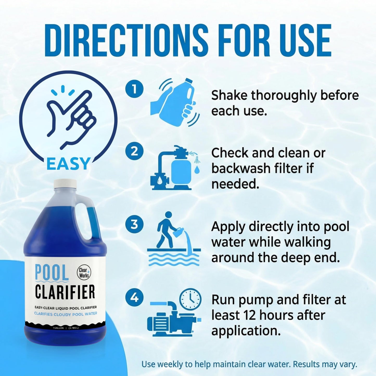 Pool Clarifier & Water Clarifier Liquid – 1 Gallon (128 fl oz) – Clears Cloudy Pool Water, Improves Filtration Capture, Chlorine & Saltwater Compatible Pool Chemicals for Above Ground & Inground Pools