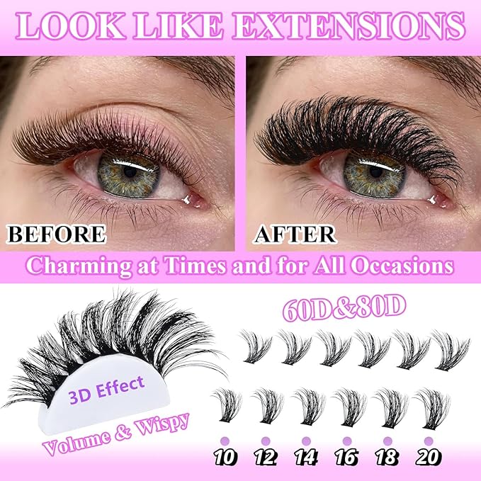 Lash Clusters Kit 3D Effect Cluster Eyelash Extensions Lashes Clusters Kit Eyelash Clusters Kit PestaÃÂ±as Postizas Naturales Lash Extension Kit+Lash Bond&Seal,Remover,Tweezers,Brush(60D+80D Lash Kit)