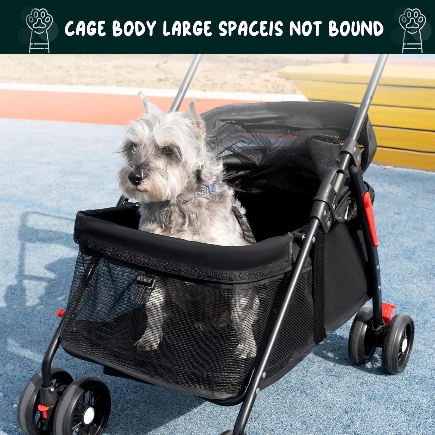 sxvbdway 4 Wheels Pet Stroller for Medium Small Dog up to 50lbs, Dog Cat Stroller, Outdoor Travel Pet Folding Strollers with Cup Holder, Detachable Carrier, Breathable Visible Mesh (Black Upgraded)