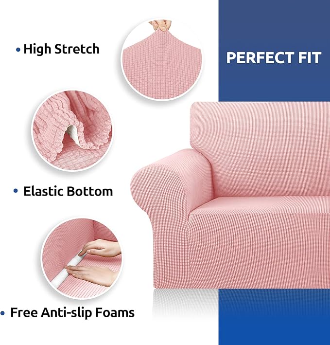 KEKUOU Stretch Oversized Sofa Slipcover 1 Piece Couch Sofa Cover (94"-110") Furniture Protector 4 Seater Sofa with Elastic Bottom for Kids,Pet.Jacquard Checked Pattern Fabric(X Large,Dusty Pink)
