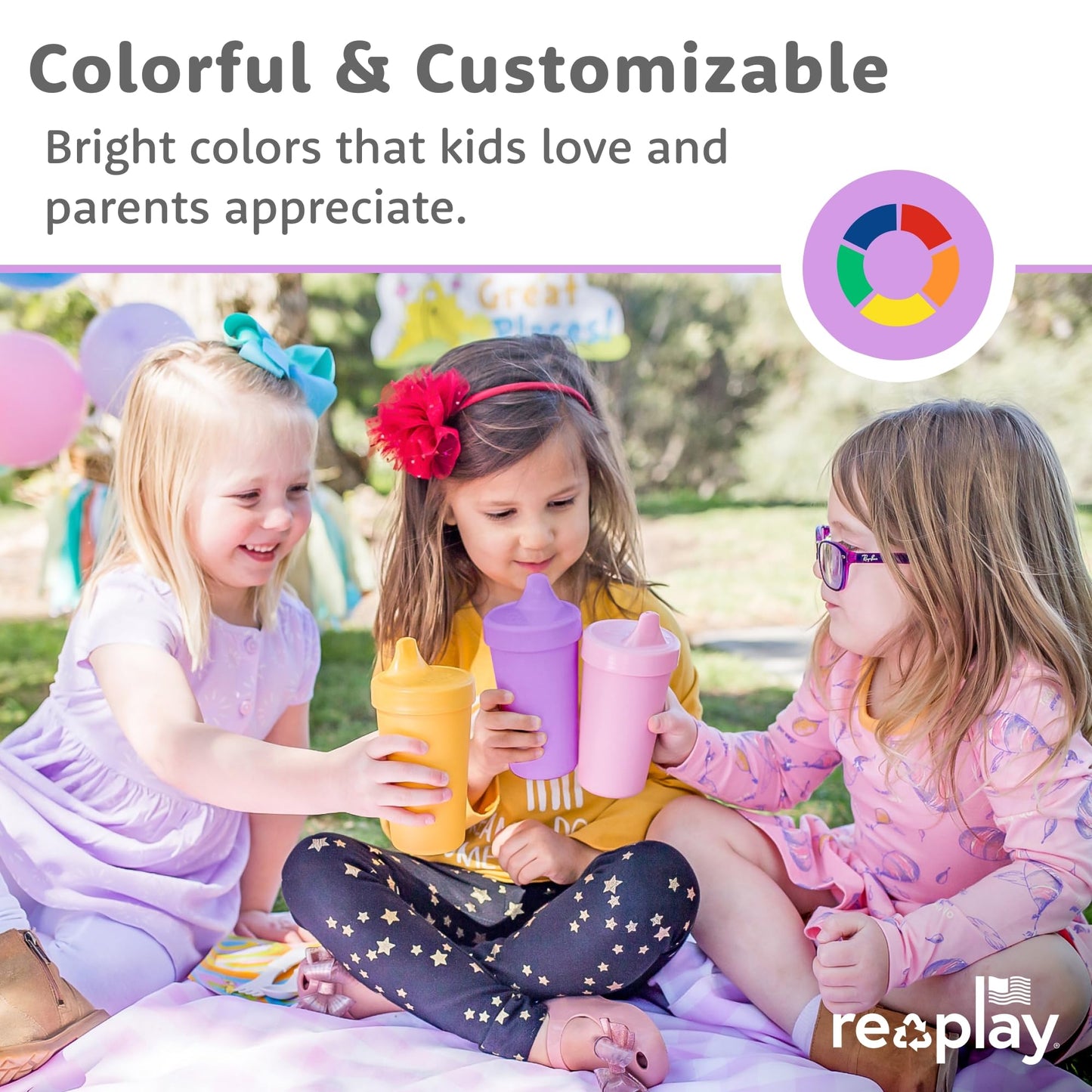 Re-Play Spill-Proof Sippy Cups for Toddlers - Kids Reusable 10 Oz Set of 3, Dishwasher & Microwave Safe, Made in USA, A True Blue