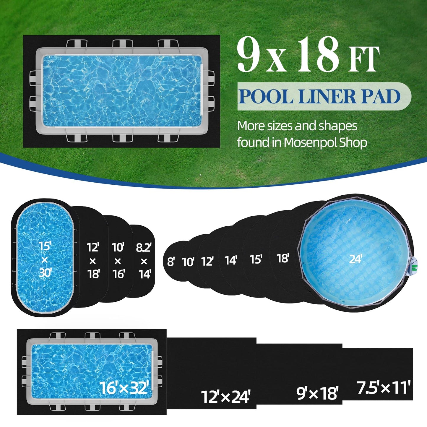 Mosenpol 9' × 18' Rectangle Pool Liner Pad for Above Ground Pool, Durable Pre-Cut Under Pool Padding, Puncture Protection and Extend Liner Life