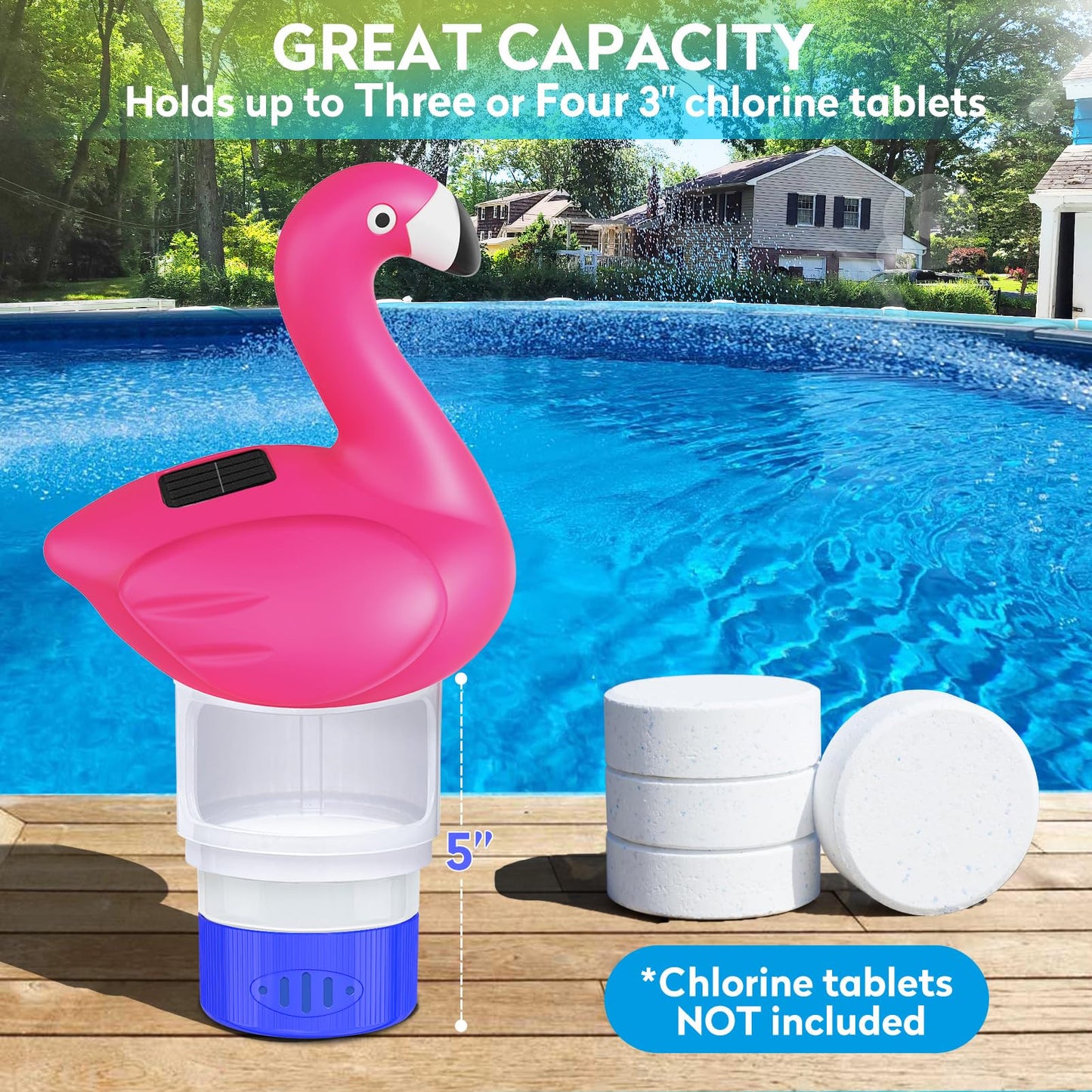 Covfirst Pool Chlorines Floater, 9 in Flamingo Chlorine Floater w/Light, Solar Chlorine Floater w/Adjustable Flow, Large Size Chlorine Tablet Floater, Floating Chlorines Dispenser for Pool Hot Tub