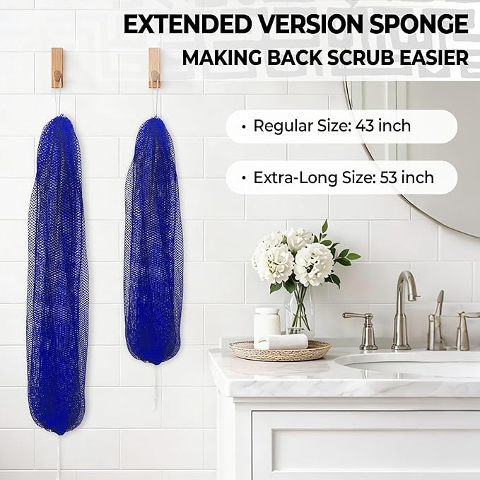 African Net Sponge Authentic - 2 Pieces 53in Stretched Length Exfoliating Body Scrubber Bath Sponge - Loofah Washcloth Back Scrub for Shower Body Exfoliator