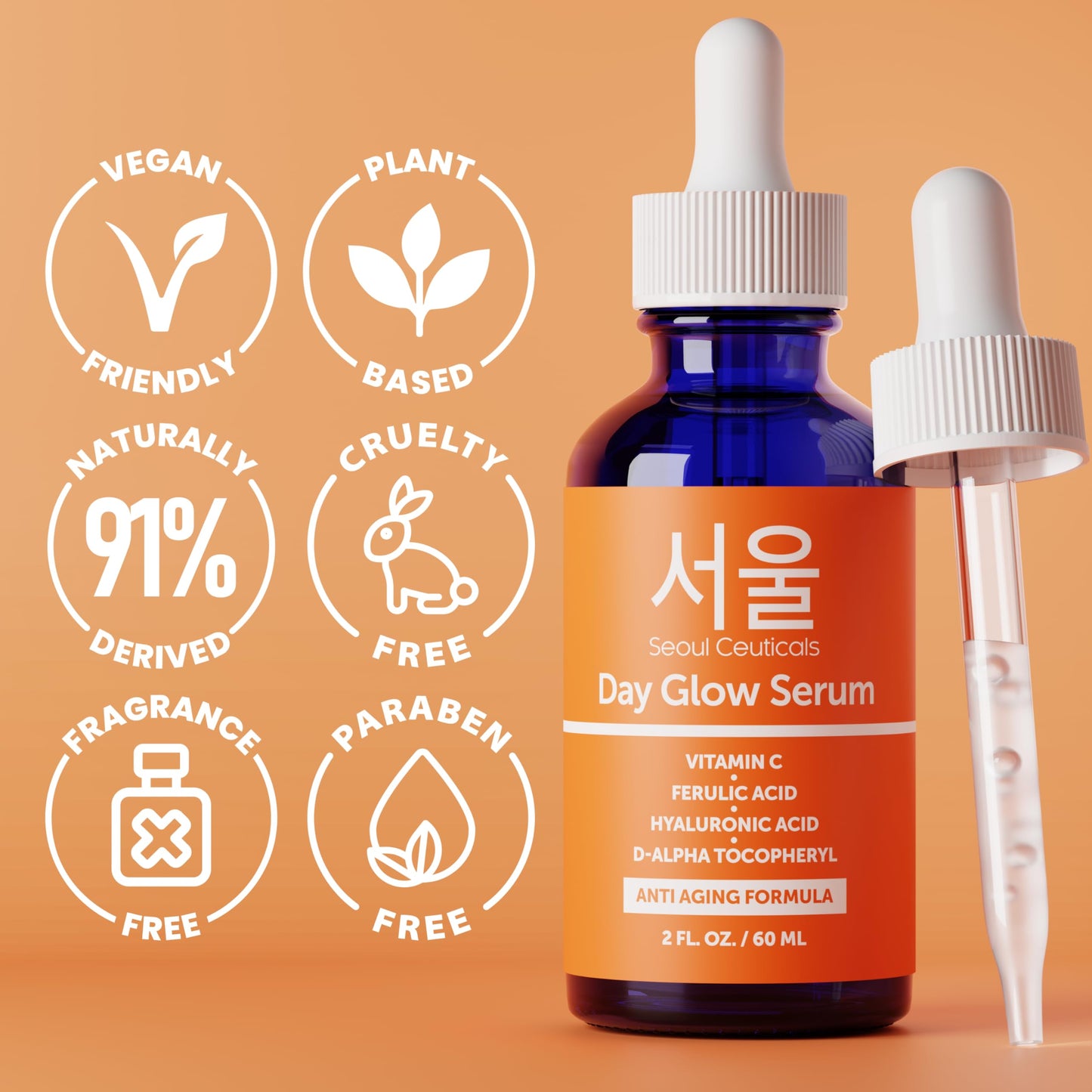 SeoulCeuticals Large 2oz Korean 20% Vitamin C Hyaluronic Acid Serum + CE Ferulic Acid - Potent Anti Aging Vit C, Anti Wrinkle K Beauty Skincare