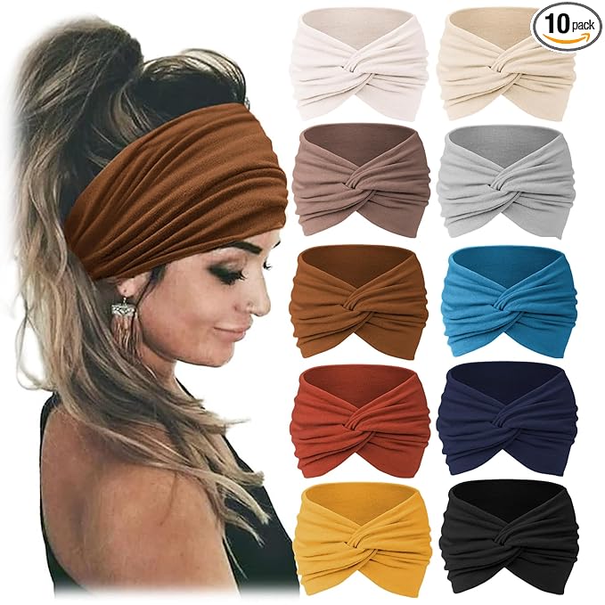 Jesries 10 PCS Women Headbands African Wide Hair Wrap Extra Turban Head Bands for Lady Large Sport Workout Stretch Non-slip Big Hair Bands
