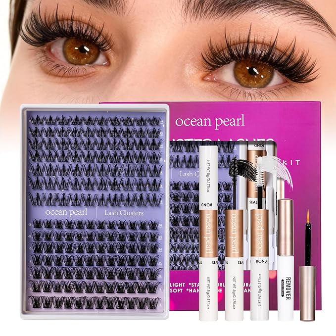 Ocean Pearl Lash Clusters Kit 154pcs,10-18mm manga/anime-inspired lashes clusters,spike-effect cluster lashes,Eyelashes,DIY Cluster Eyelash Extensions kit with lash bond+seal+remover+tweezers-M31+M34