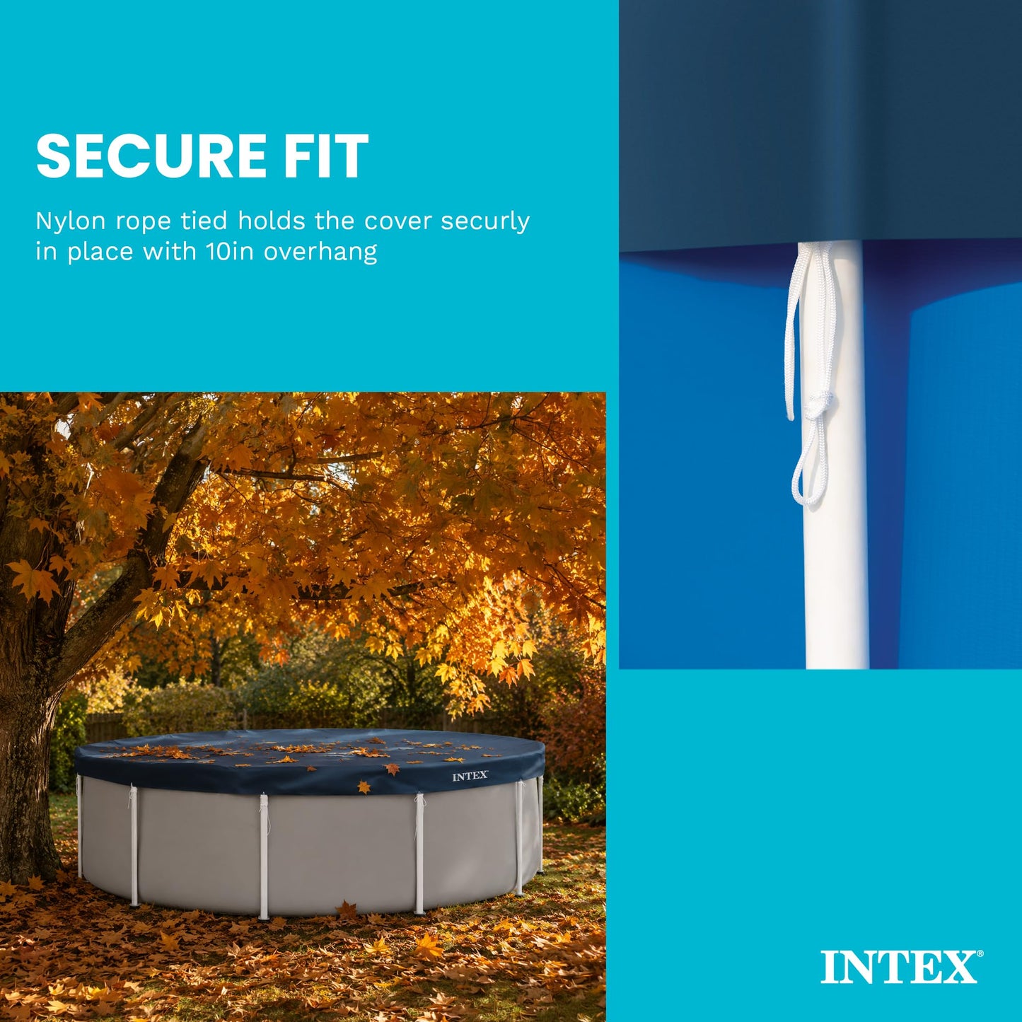 INTEX 28031E Pool Cover: For 12ft Round Metal Frame Pools – Includes Rope Tie – Drain Holes – 10in Overhang – Snug Fit