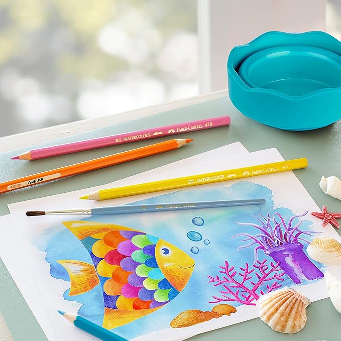 Faber-Castell Clic & Go Portable Paint Water Cup with Brush Holder, Turquoise - Collapsible Paint Brush Cleaner Rinse Cup, Travel Friendly Painting Accessories