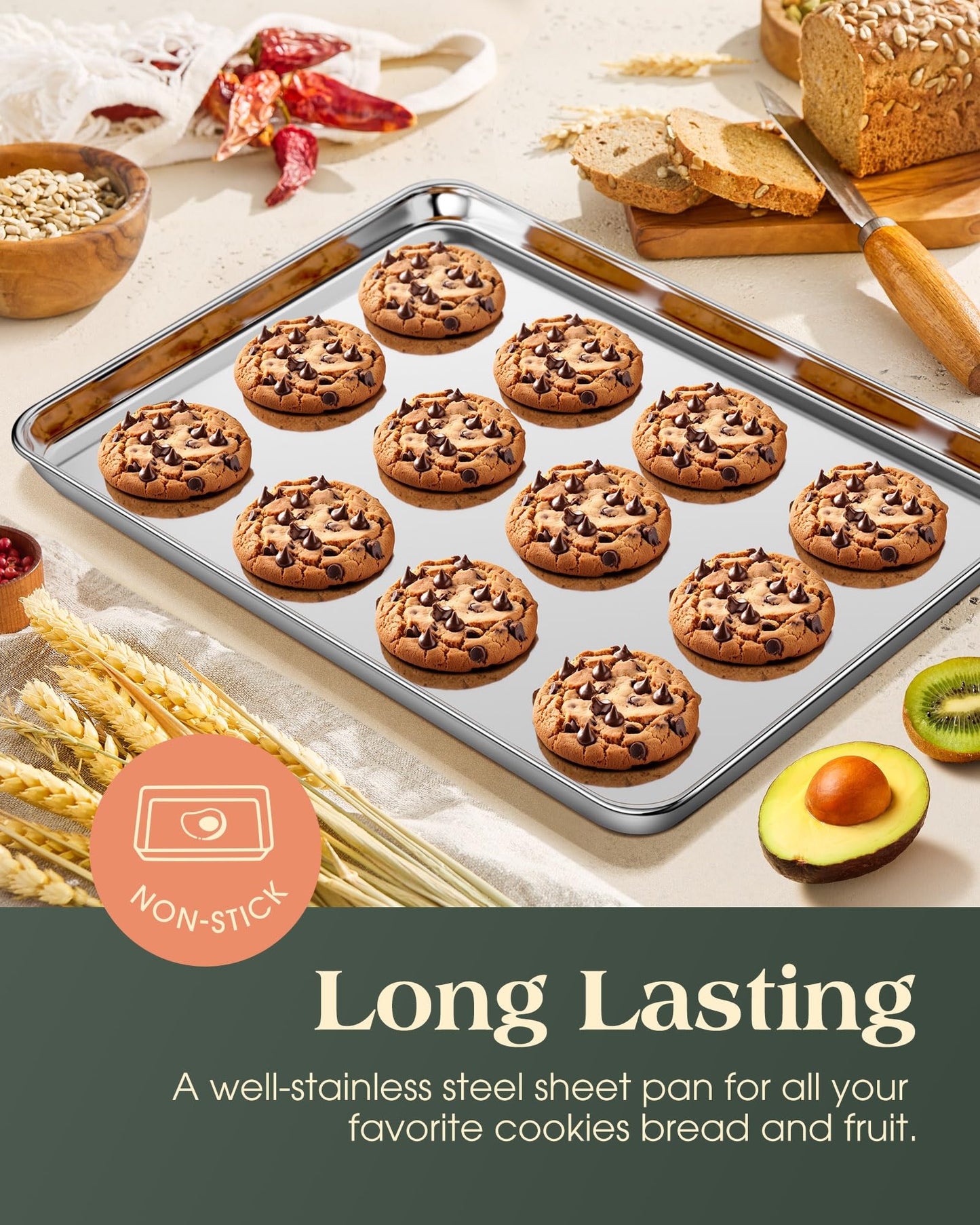 Baking Sheet Set of 2, Commercial Grade Stainless Steel Cookie Sheets for Baking, 18 x 13 Inch Thicker Large Baking Pans Oven Tray, Warp Resistant Nonstick Half Sheet Pan, Nontoxic & Heavy Duty