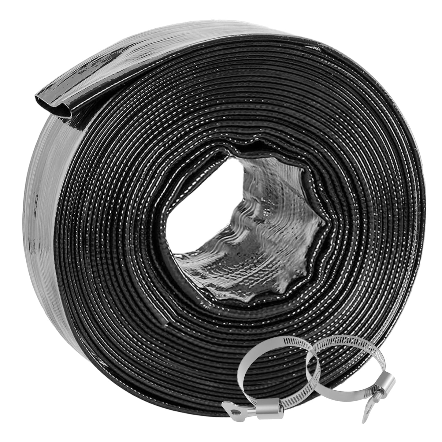 Poolvio Backwash Hose 1-1/2" x 50 ft, Heavy-Duty Lay-Flat Reinforced PVC Discharge Hose with 2 Stainless Steel Thumb Screw Clamps, Leak-Resistant for Inground & Above-Ground Pool Filters