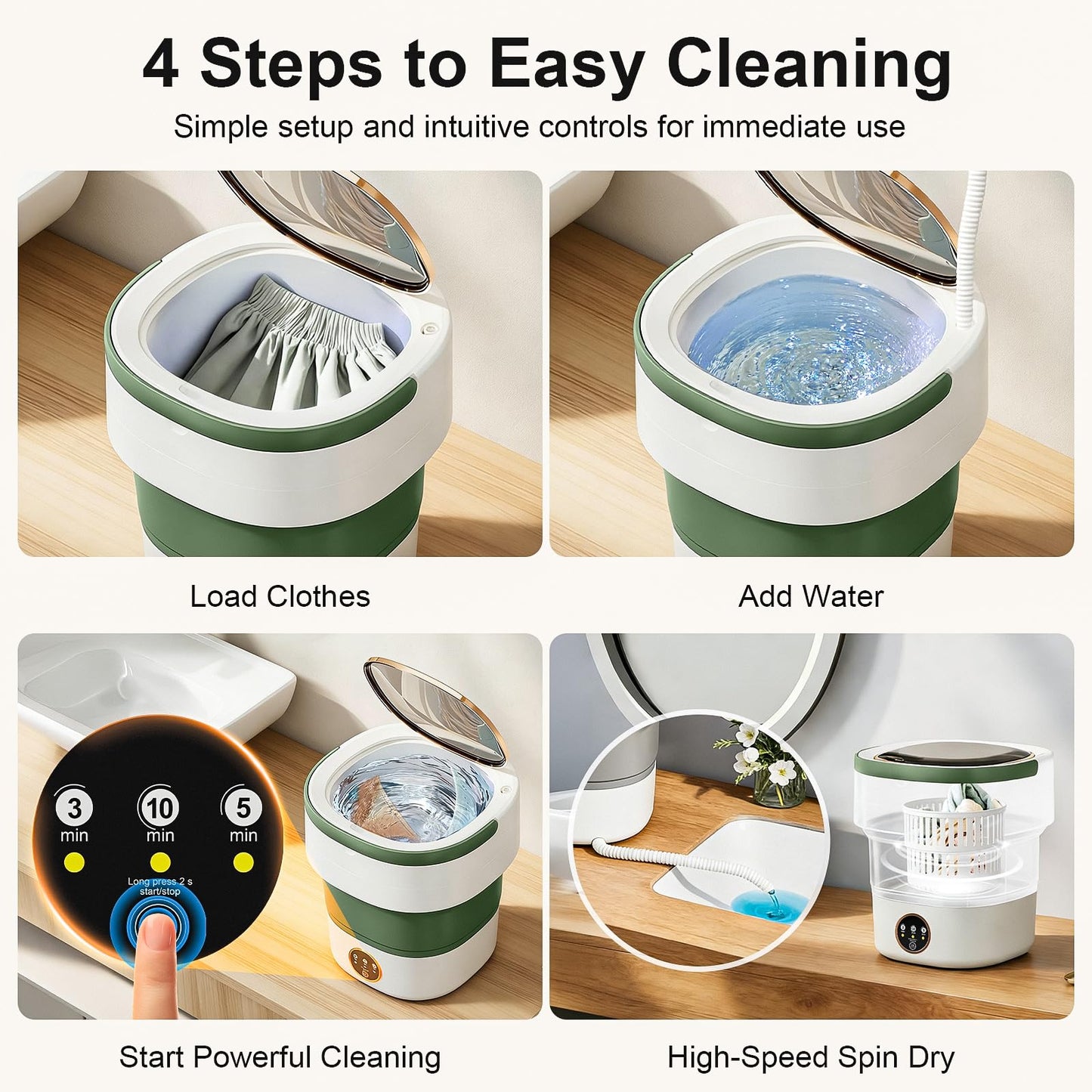 Portable Washing Machine - 20L Mini Foldable Washer with Spin Basket, 3 Cleaning Modes & Deep Cleaning for Small Clothes, Collapsible Laundry for Apartment, Home, Hotel and Travel (Green)