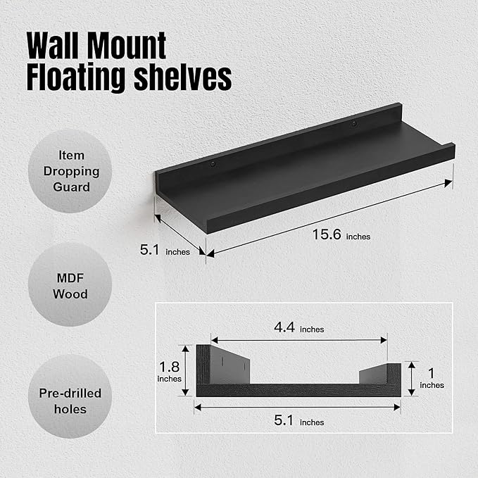 RICHER HOUSE 3 Set Floating Shelves for Wall, 16 inches Black Wall Mounted Shelves with Lip for Storage, Display Picture Ledge Shelf for Bedroom Bathroom Kitchen Living Room Decor, Modern Black