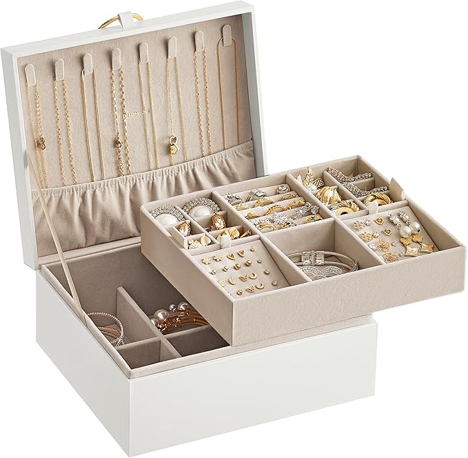 SONGMICS 2-Layer Jewelry Box, Jewelry Organizer with Handle, Removable Jewelry Tray, Jewelry Storage, Floating Effect, 8.1 x 9.4 x 4.3 Inches, Gift Idea, White UJBC165W01