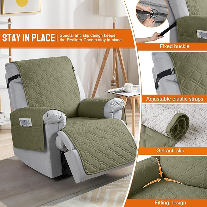 VANSOFY 100% Waterproof Recliner Chair Covers, Recliner Cover Non-Slip Dog Chair Cover Furniture Protector Washable Slipcover with Pocket, Elastic Straps for Pets, Dogs(Olive Green, 30")