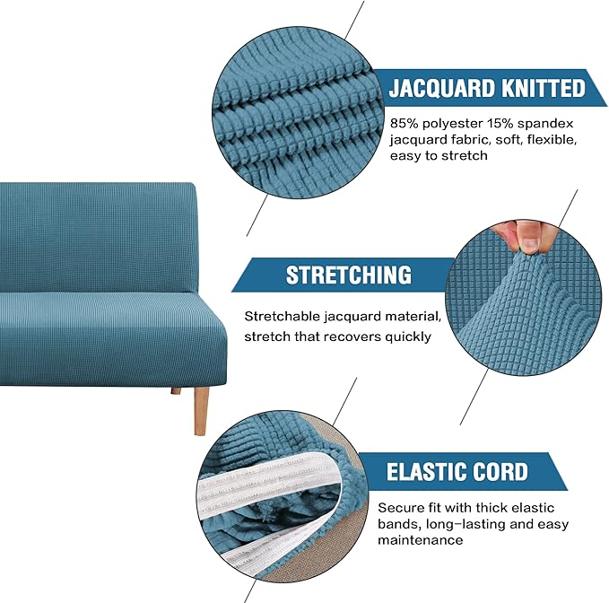 H.VERSAILTEX Armless Futon Cover Stretch Sofa Bed Slipcover Protector Elastic Feature Rich Textured High Spandex Small Checks Jacquard Fabric Futon Cover, Machine Washable, Storm Blue