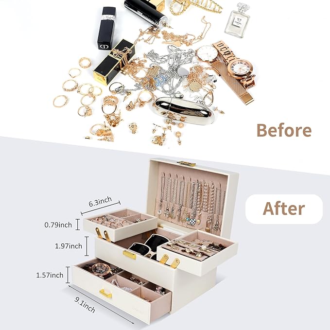 Dajasan Jewelry Organizer Box, Large Jewelry Boxes for Women Girls, Compact 3 Layers Jewelry Storage Case with Drawer, Movable Metal Stand, Modern, Gift Idea (Cloud White + Gold)