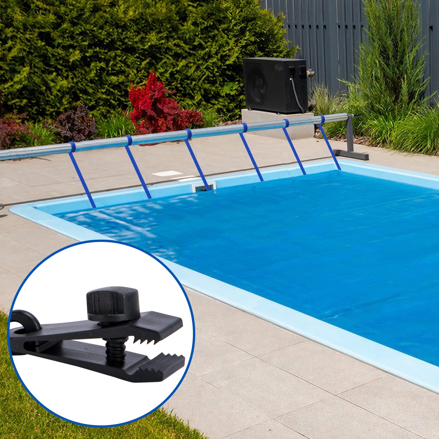 codree 36 Pcs Pool Solar Cover Reel Attachment Kit, Inground Swimming Pool Solar Cover Straps and Clips, Solar Blanket Strap Kit Including 12 Straps with Hooks, 12 Clips and 12 Touch Fastener (Blue)