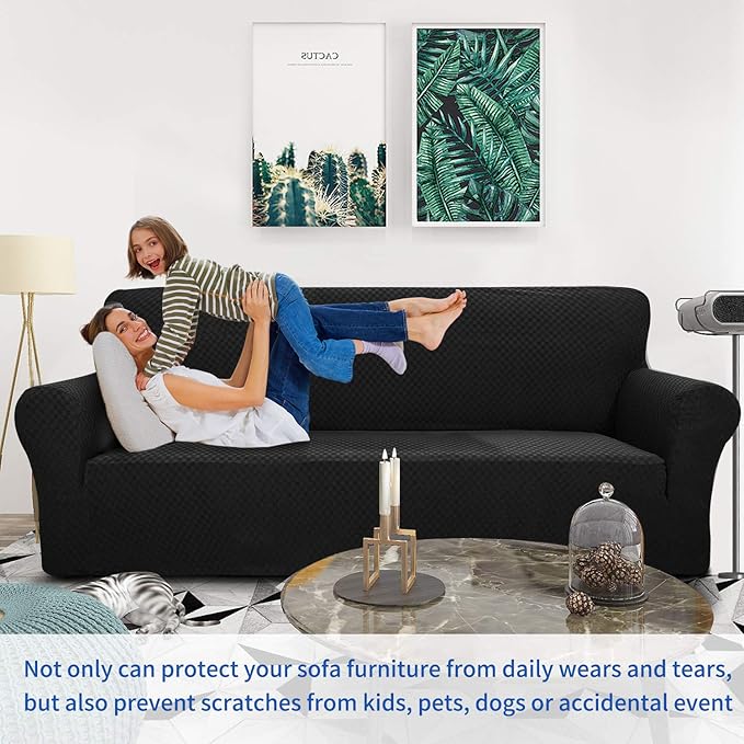 ZNSAYOTX 1 Piece Jacquard Couch Covers for 3 Cushion Couch High Stretch Sofa Cover for Pets Dogs Anti Slip Extra Large Sofa Slipcovers Furniture Protector (XL Sofa, Black)