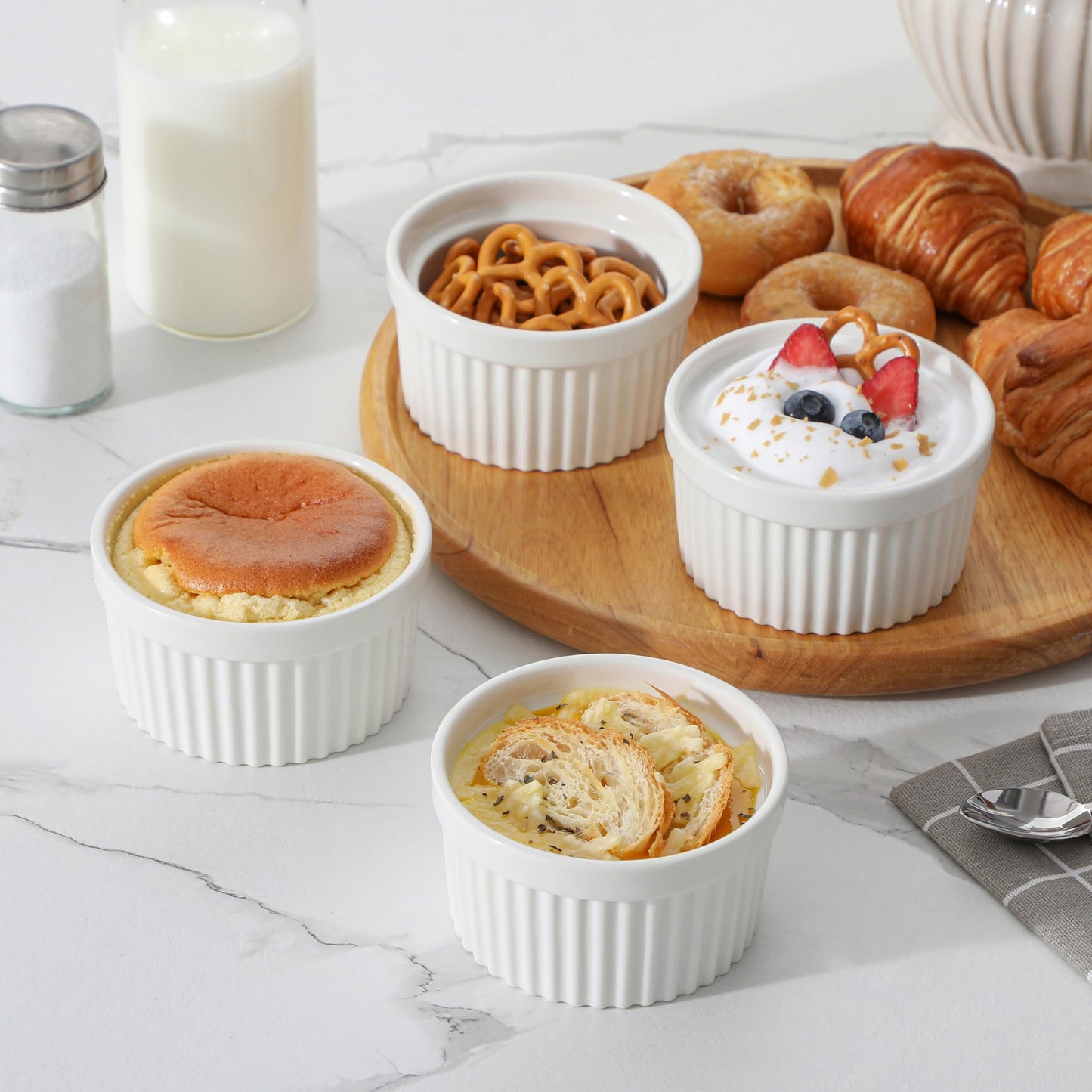 MALACASA Ramekins 8 oz Oven Safe, Porcelain Creme Brulee Ramekins Pudding Custard Cups Ceramic Souffle Dishes Ramakan Ramiken Ramicans Baking Bowls Set of 6, White, Series RAMEKIN-DISH