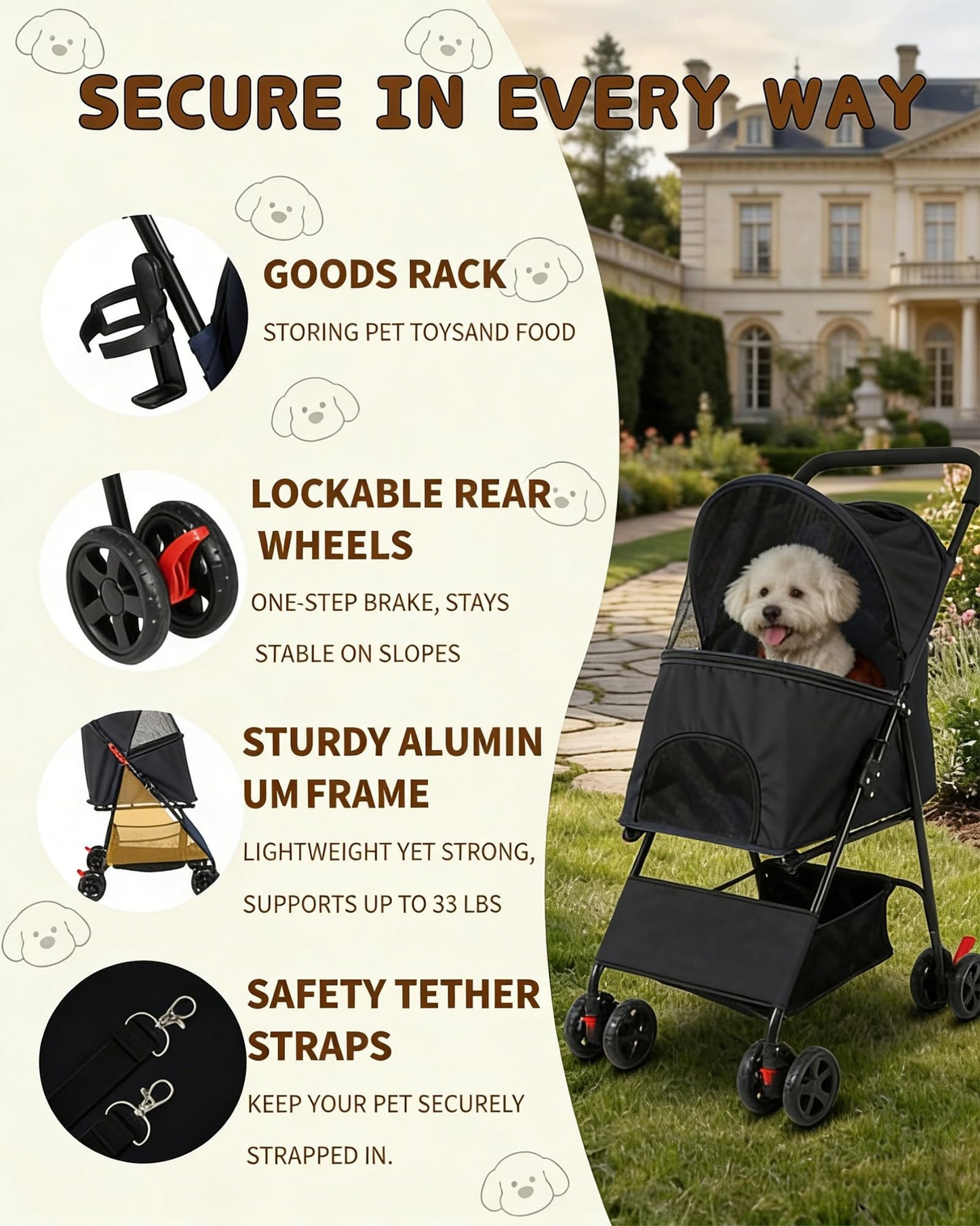 Pet Stroller for Small Medium Dogs Cats - Lightweight 10lbs Foldable Dog Stroller, Breathable Mesh & Safety Tether, 33lbs Capacity with Locking Wheels, Storage Basket for Outdoor Walks-Black
