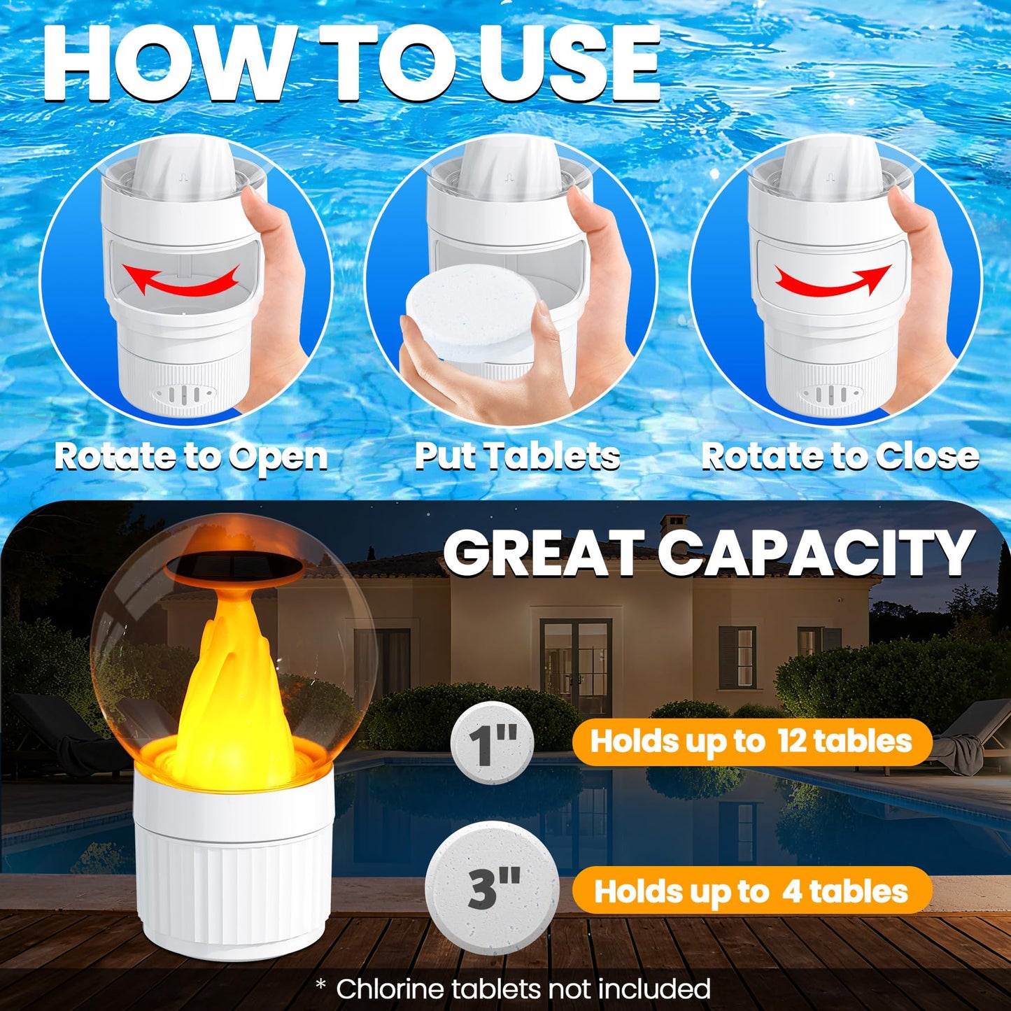 ChlorBlu Solar Chlorine Floater,Chlorine Floater with Solar Flame Light,Adjustable Release Floating Chlorine Dispenser for Pool,Large Capacity Pool Chlorine Floater,Chlorine Floater for Hot Tub(White)