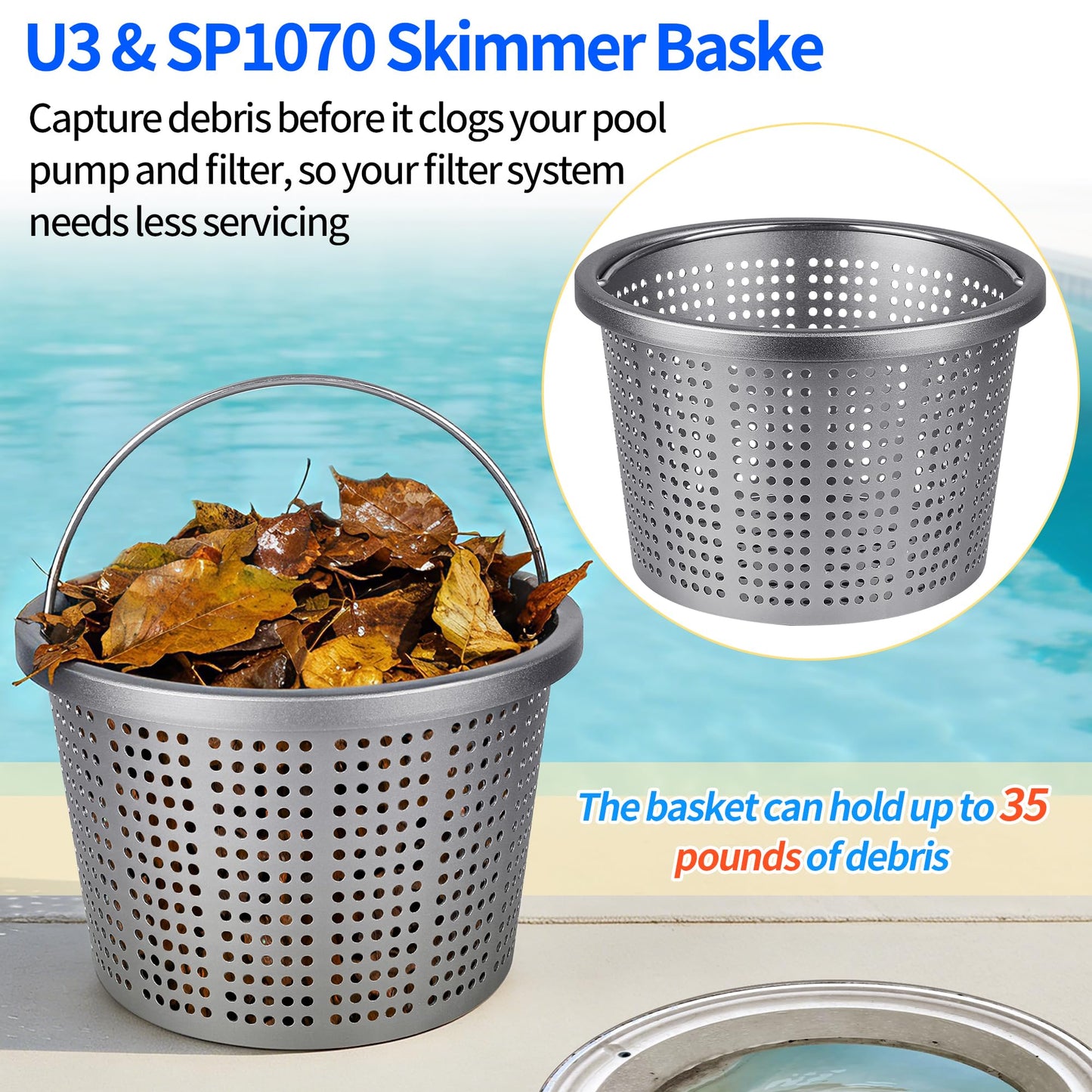 BJFGF Pool Skimmer Basket for Pentair U-3 & Hayward SP1070 Inground Pool Skimmers, 8" Weighted Upgrade Skimmer Basket - Replacement for 08650-0007 SPX1070E & B-9 Filter Baskets
