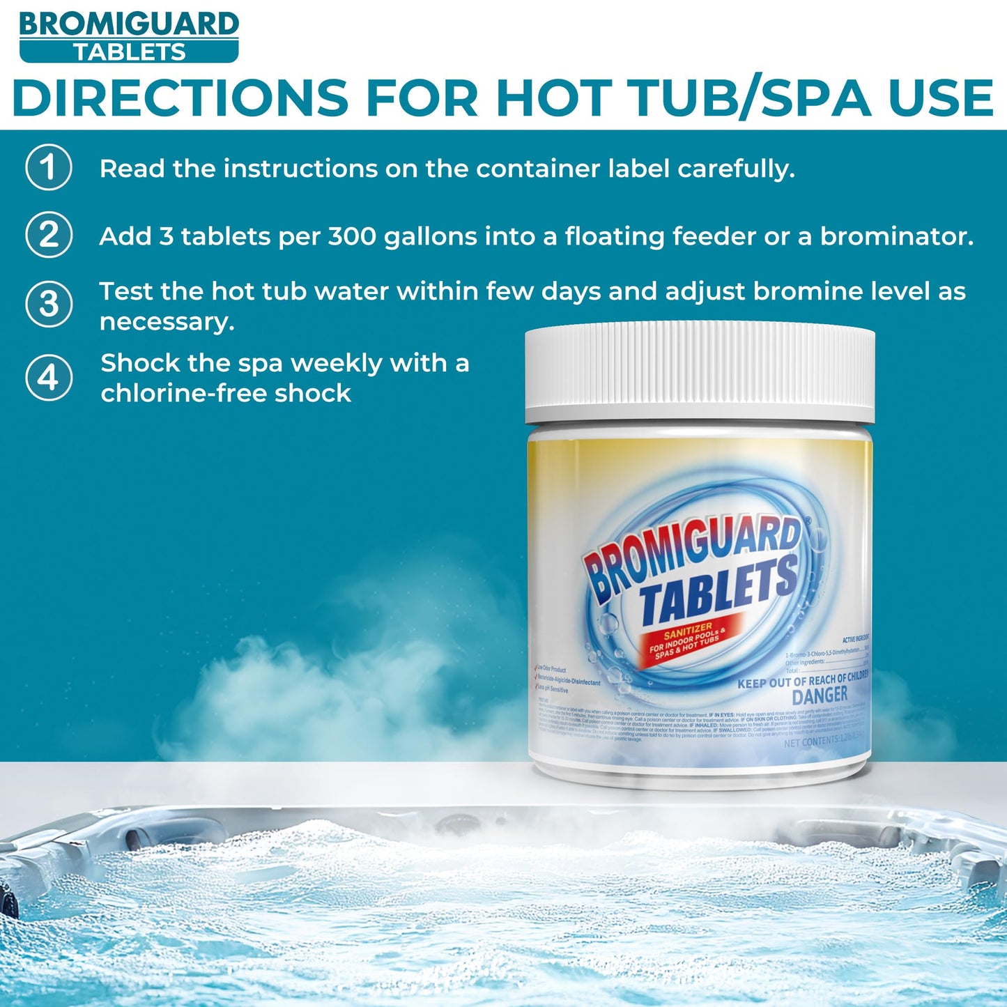 1 Inch Bromine Tablets | Brominating Chemical Sanitizer for Spas, Hot Tubs or Indoor Pools - Low Odor, Less Irritation, Pre-Stabilized, Long-Lasting, Chlorine Alternative - 1.2 lbs