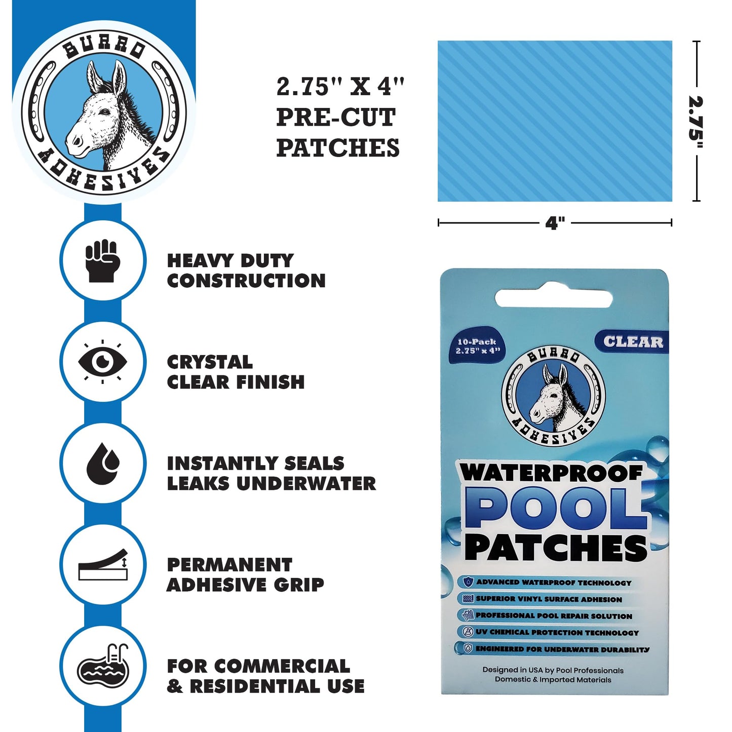 Burro Adhesives 10-Pack Waterproof Clear Pool Tape Patches - Professional Grade PVC Repair Kit with 2.75" x 4" Heavy Duty Patches for Commercial & Residential Vinyl Pools, Works Underwater & Dry
