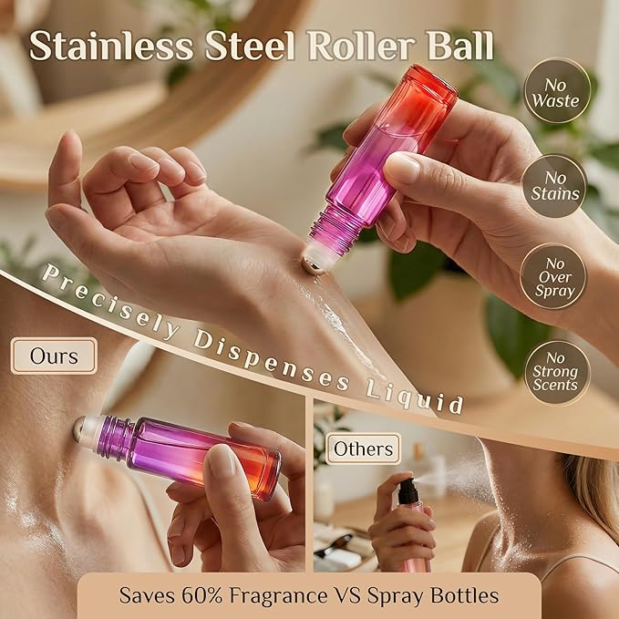 PrettyCare 12 Pack, 10 ml Essential Oil Roller Bottles with Stainless Steel Roller Ball - Refillable Leak-proof Empty Thick Red & Purple Glass Roll on Bottles with Golden Caps for Travel, Perfume
