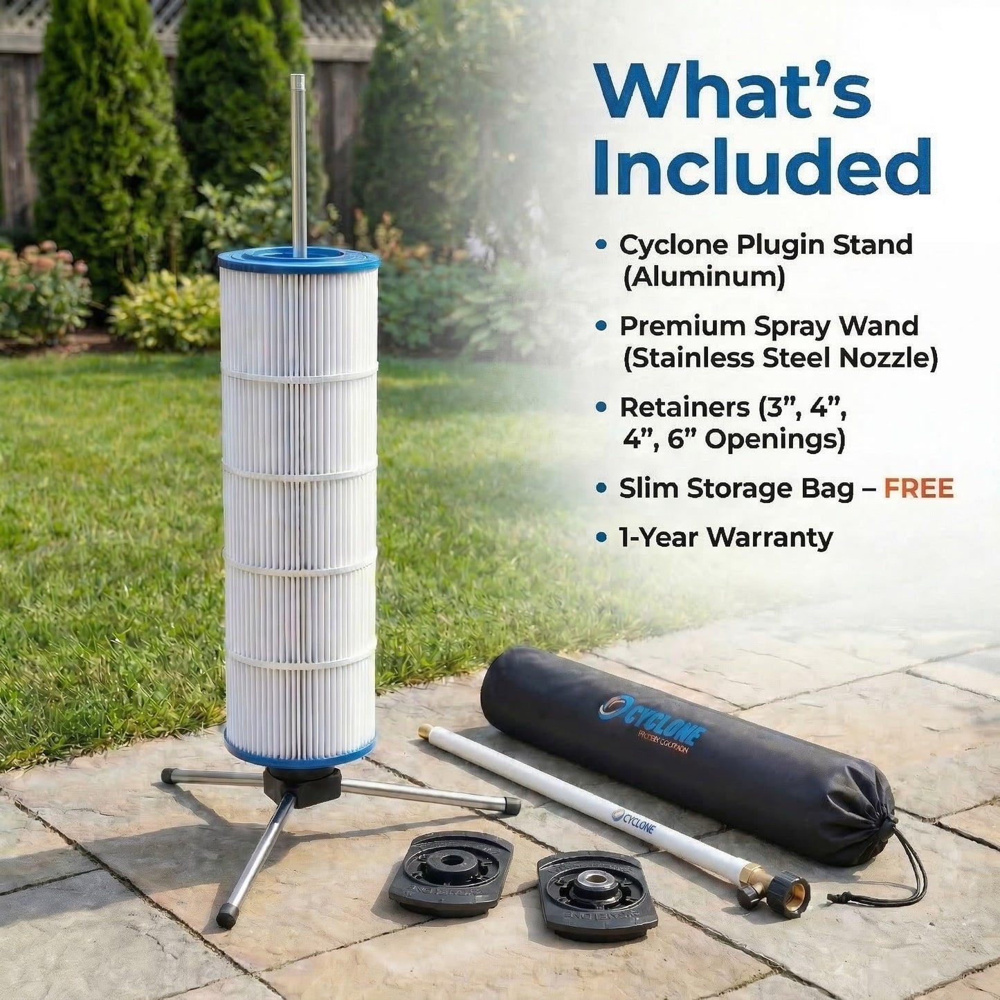Cyclone Filter Cleaner – Patented Hose-Powered Spinning Pool Cartridge Filter Cleaning Tool with Stand & Spray Wand – Cleans 5X Faster – Fits 3”, 4”, 6” ID Filters