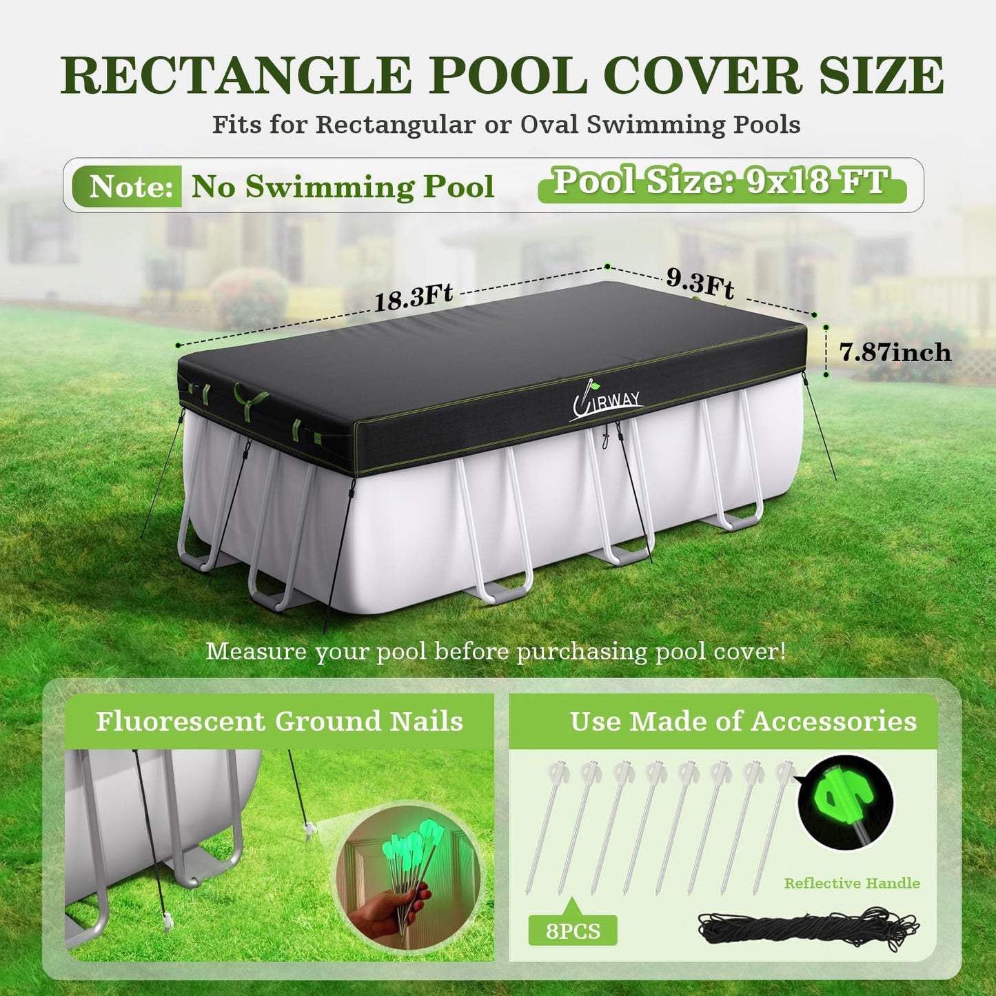 UIRWAY 9x18 FT Rectangular Pool Cover with Reflective Strips, Swimming Pool Cover for Above Ground Pool, Solar Cover Including Rope Tie and Luminous Ground Nails for Rectangular or Oval Pools