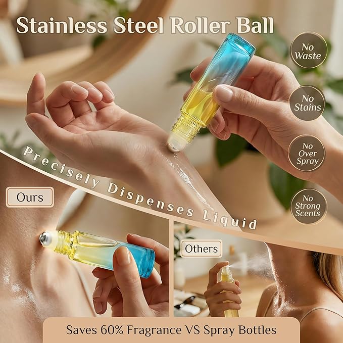 PrettyCare 12 Pack, 10 ml Essential Oil Roller Bottles with Stainless Steel Roller Ball - Refillable Leak-proof Empty Thick Blue& Yellow Glass Roll on Bottles with Golden Caps for Travel, Perfume