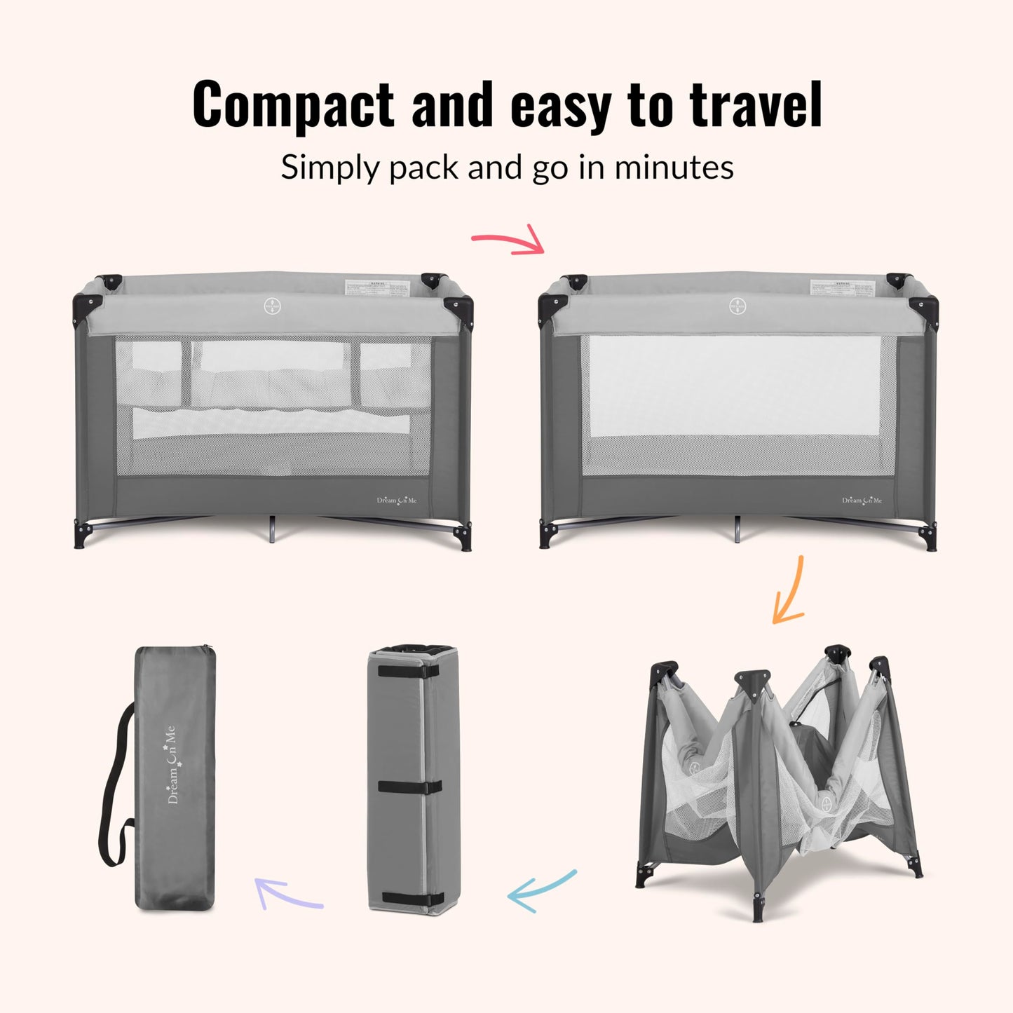 Dream On Me Zazzy Portable Playard with Bassinet - 360° Mesh Visibility, Quick Folding Travel Friendly Design, Carry Bag and Foldable Mattress Pad Included, Compact and Lightweight - Gray