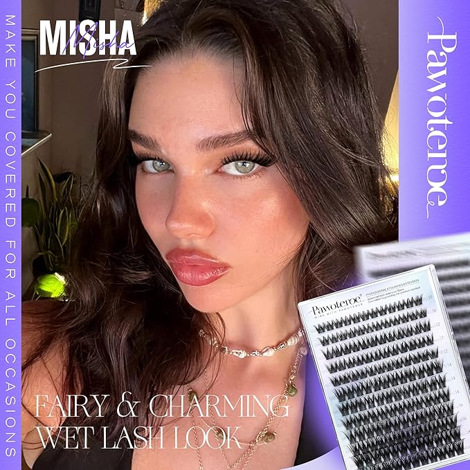 Pawotence Misha Lashes Clusters Wispy Cluster Eyelash Extensions 144pcs Individual Lashes Wet Look 10-18mm Lash Extension DIY False Eyelashes Soft Comfortable Eyelash Clusters