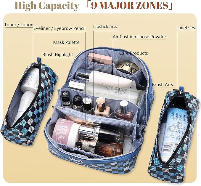 BOYATU Travel Makeup Bag Organizer Cosmetic Bag: 3 Pcs Set Make up Bags for Women with Handle - Waterproof Vegan Leather Toiletry Bag (01-H-Blue)