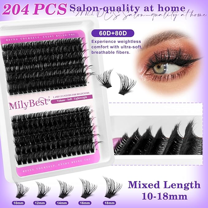 MilyBest Lash Clusters Kit 564Pcs Eyelash Clusters Lashes Wispy Cluster Eyelash Extensions Kit 3 Styles Fluffy Lashes Clusters 10-18mm Volume DIY Individual Eye Lash Clusters Lash Box with Bond&Seal