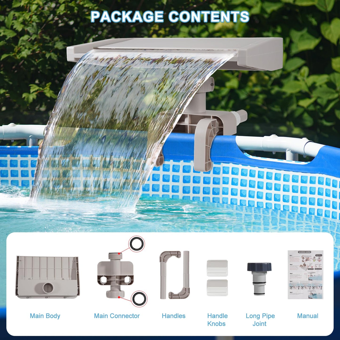 Pool Fountain Waterfall for Above Ground Pools, Swimming Pool Frame Attachment Clamp Accessory, Relaxing Cascade Soothing Waterfall, Adjustable Width Fits Various Frames (Beige)