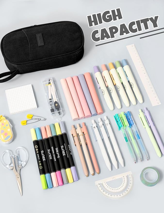 SUNEE Cute Pencil Case, Large Pencil Pouch, Soft Corduroy Aesthetic Big Pencil Bag with Zipper, Kawaii Stationery Storage and Organizer, School Supplies for Teen and Adult, Boys&Girls, Coal Black